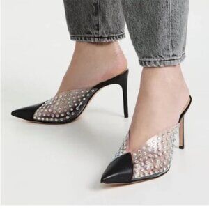Schutz Greece Crystal Clear Leather Mule Pumps Black/ Transparente size 7.5